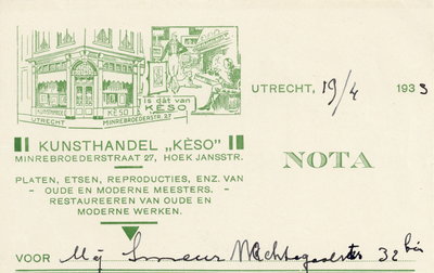710927 Kop van een nota van Kèso, Kunsthandel, Minrebroederstraat 27, hoek [Korte] Jansstraat te Utrecht, ten name van ...